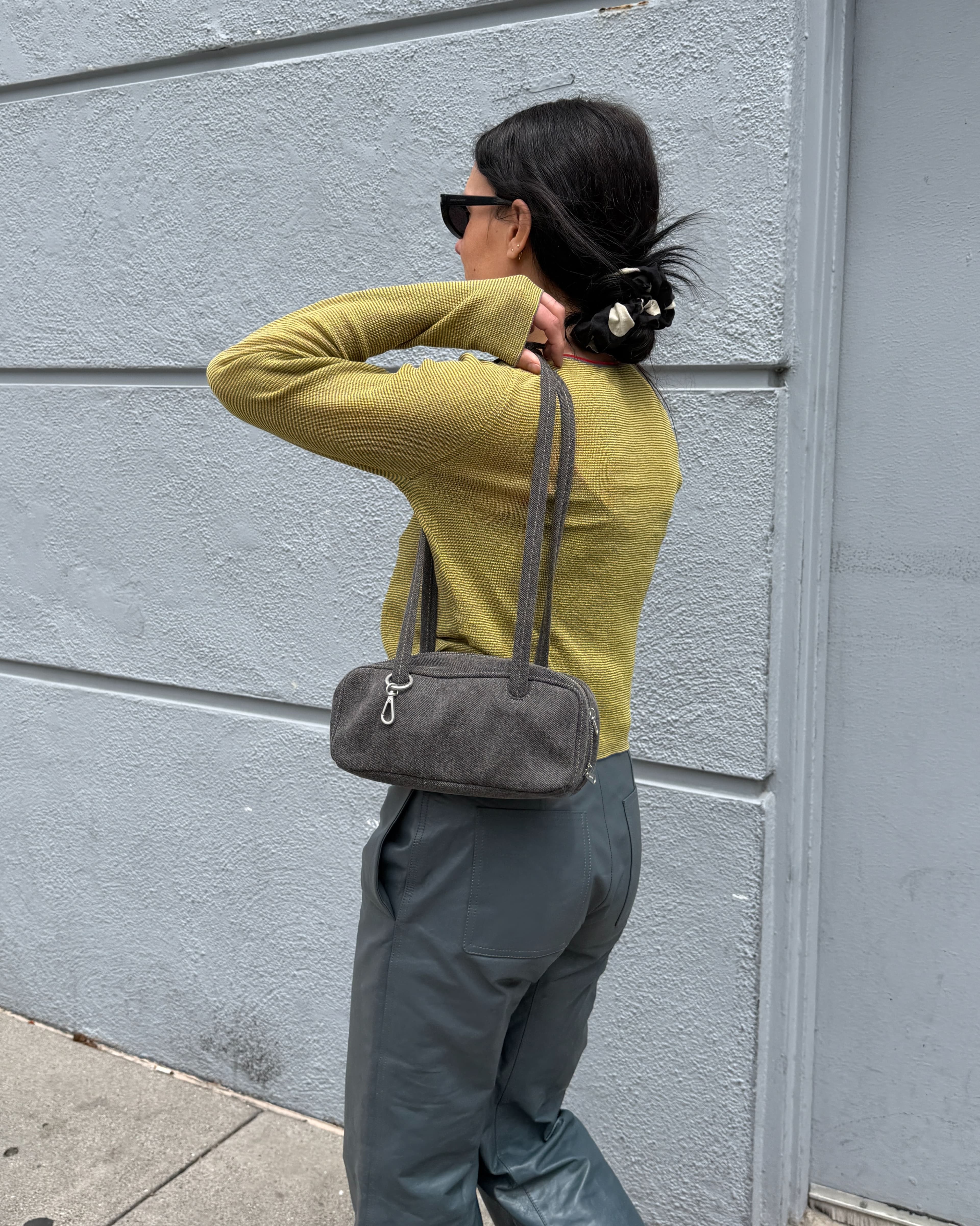 Small Denim Bowler Bag in Washed Black Denim