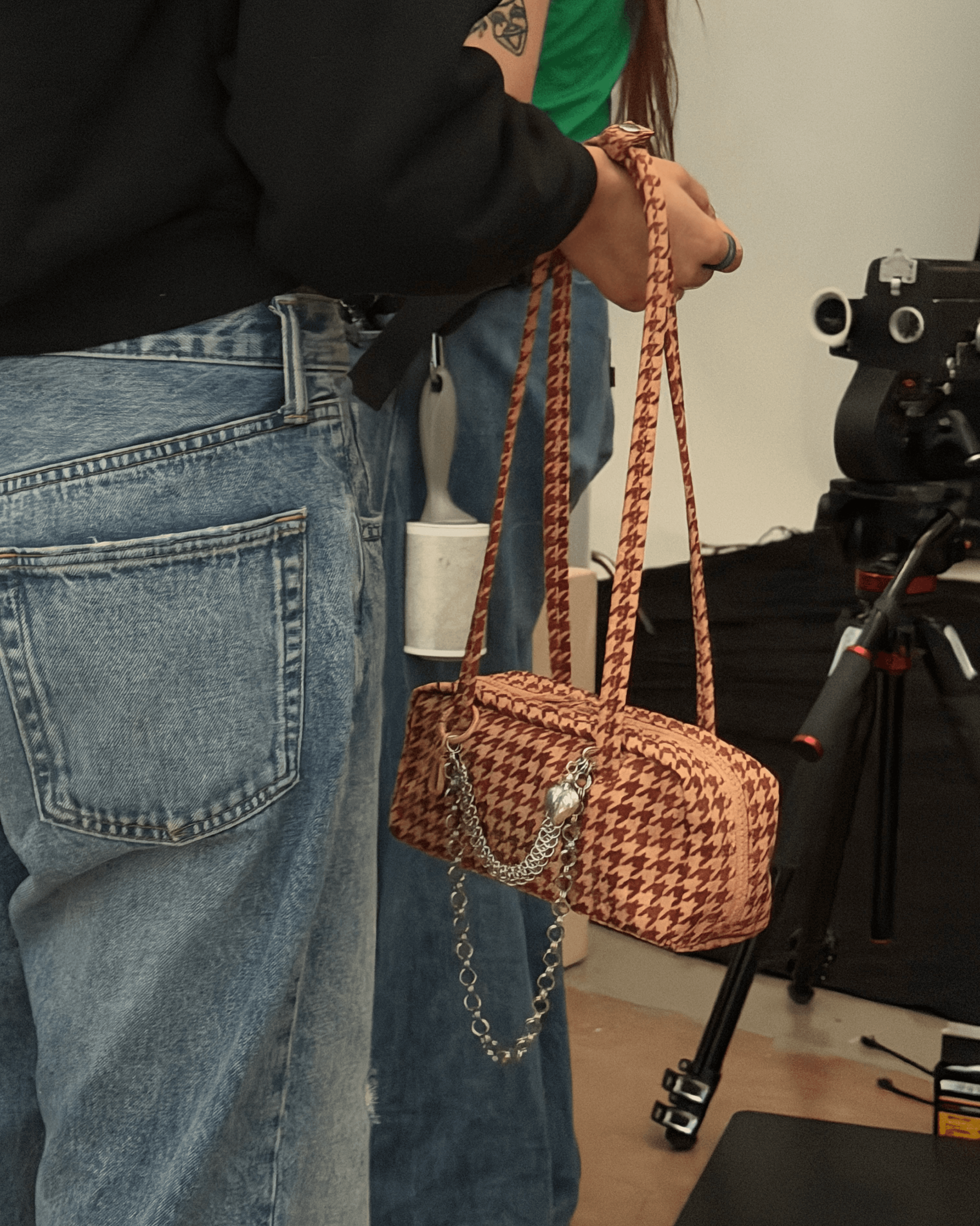 Small Nylon Bowler Bag in Tan Houndstooth