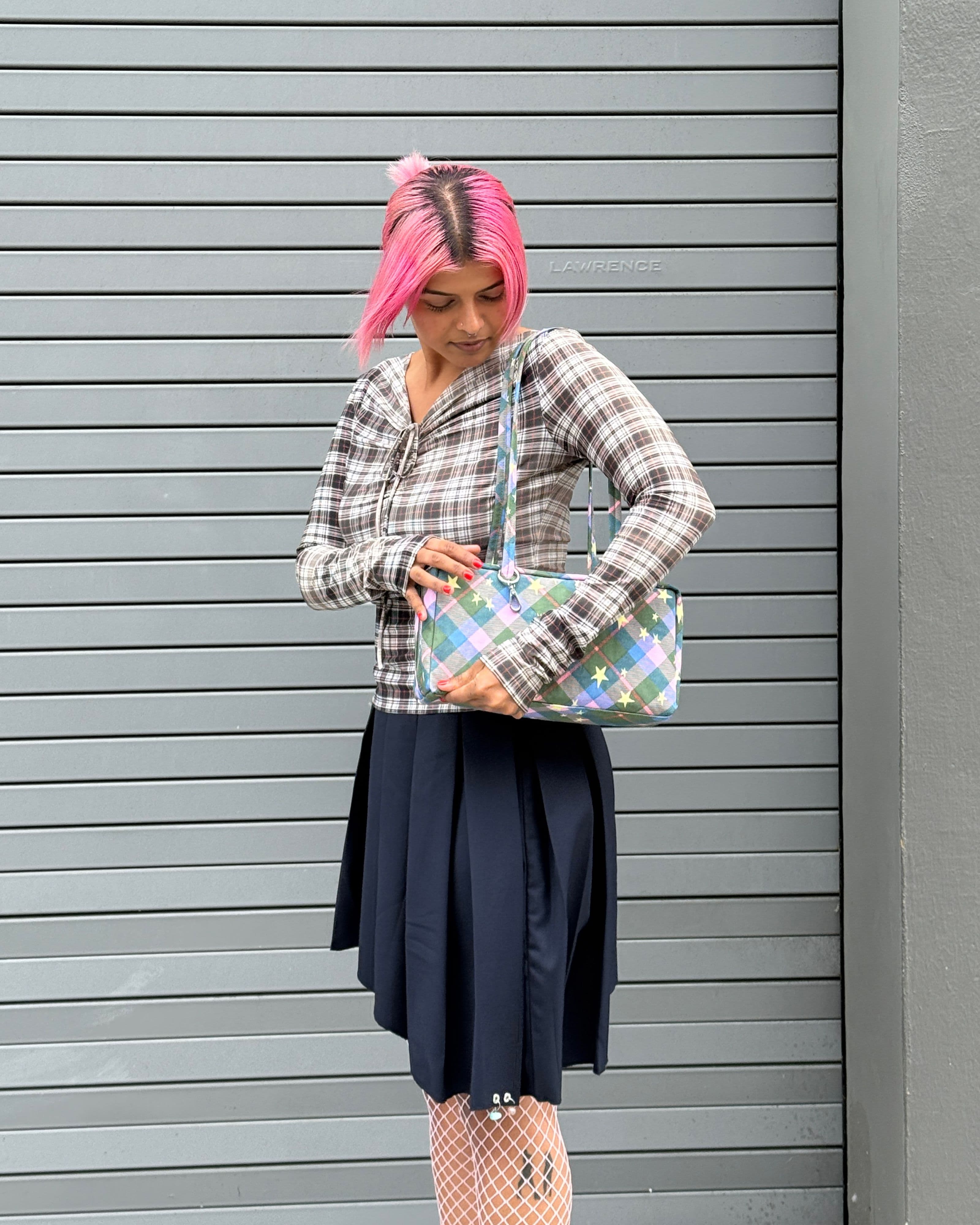 Nylon Bowler Bag in Green Star Plaid