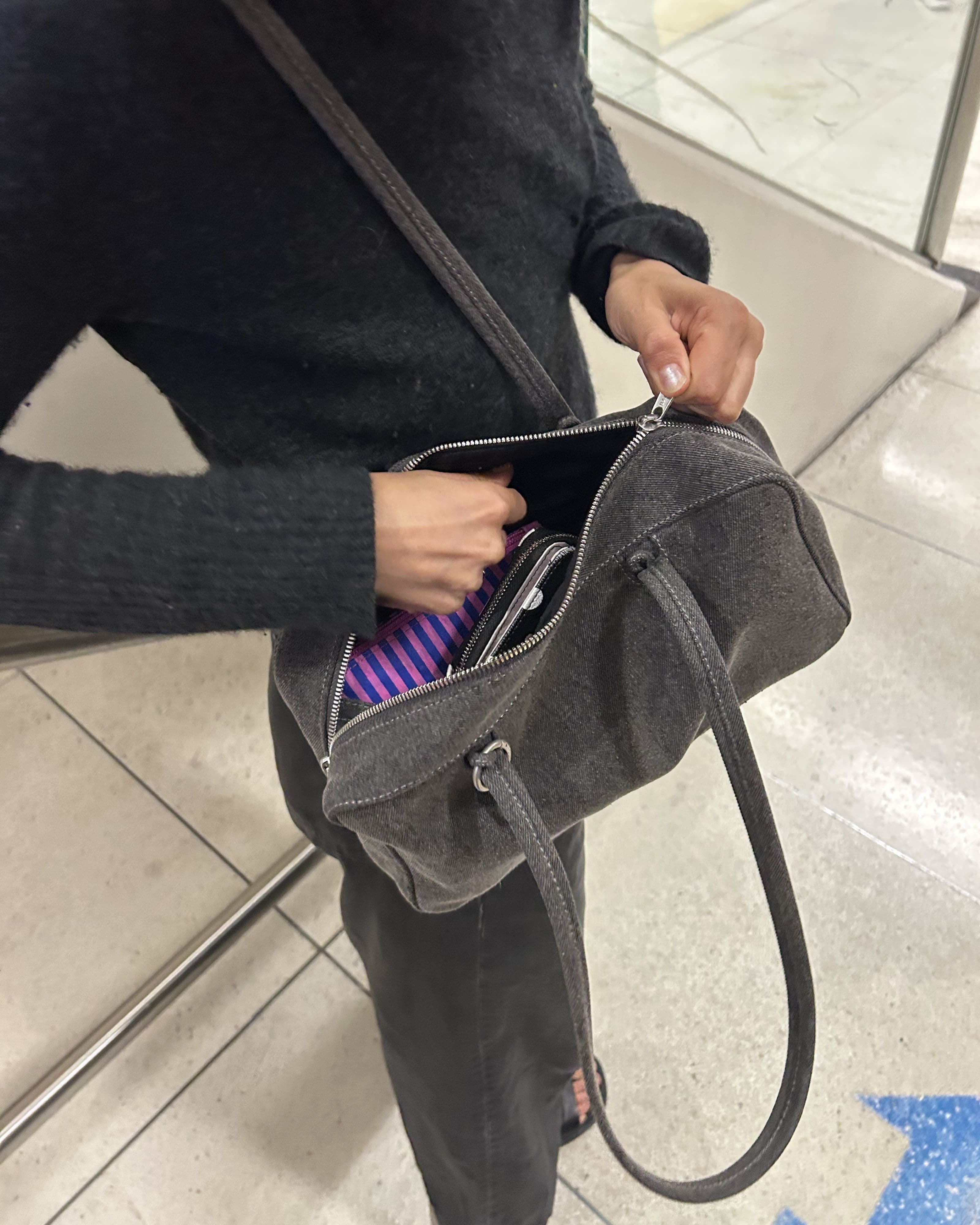 Denim Bowler Bag in Washed Black Denim