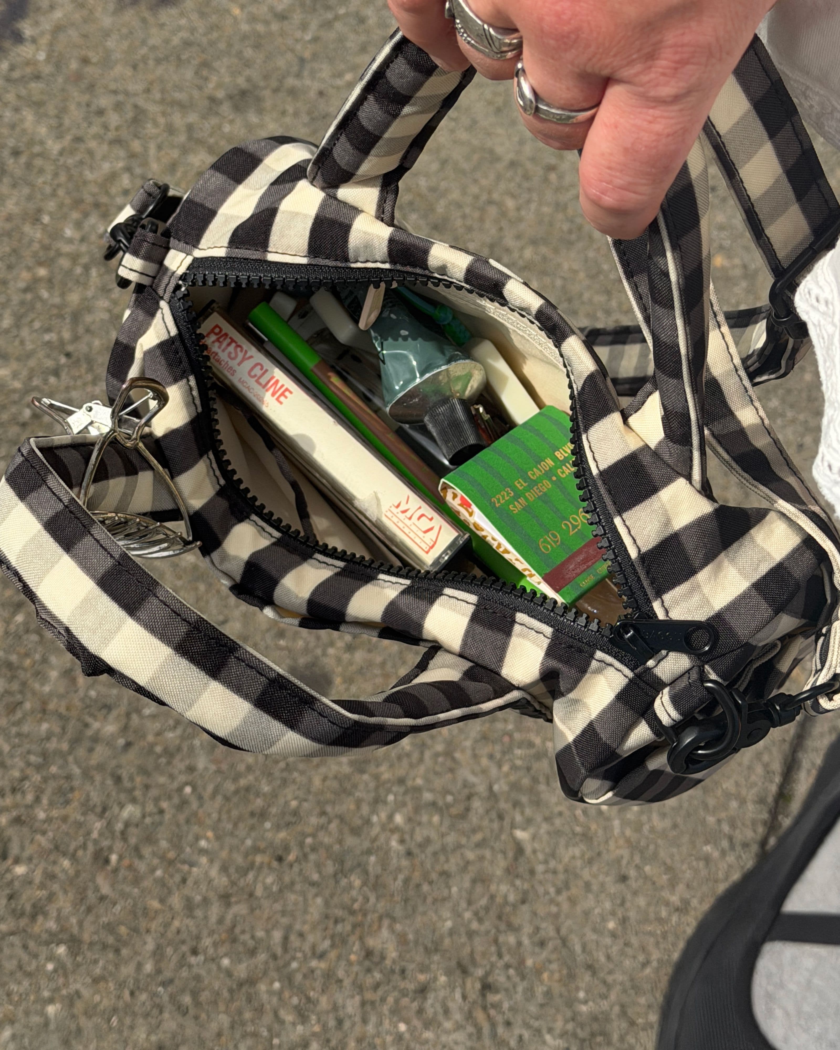 Small Nylon Duffle Bag in Black and Cream Gingham