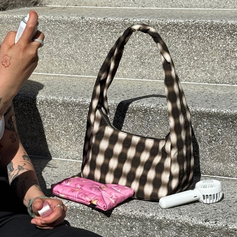 Small Nylon Meringue Bag in Blurred Gingham Brown