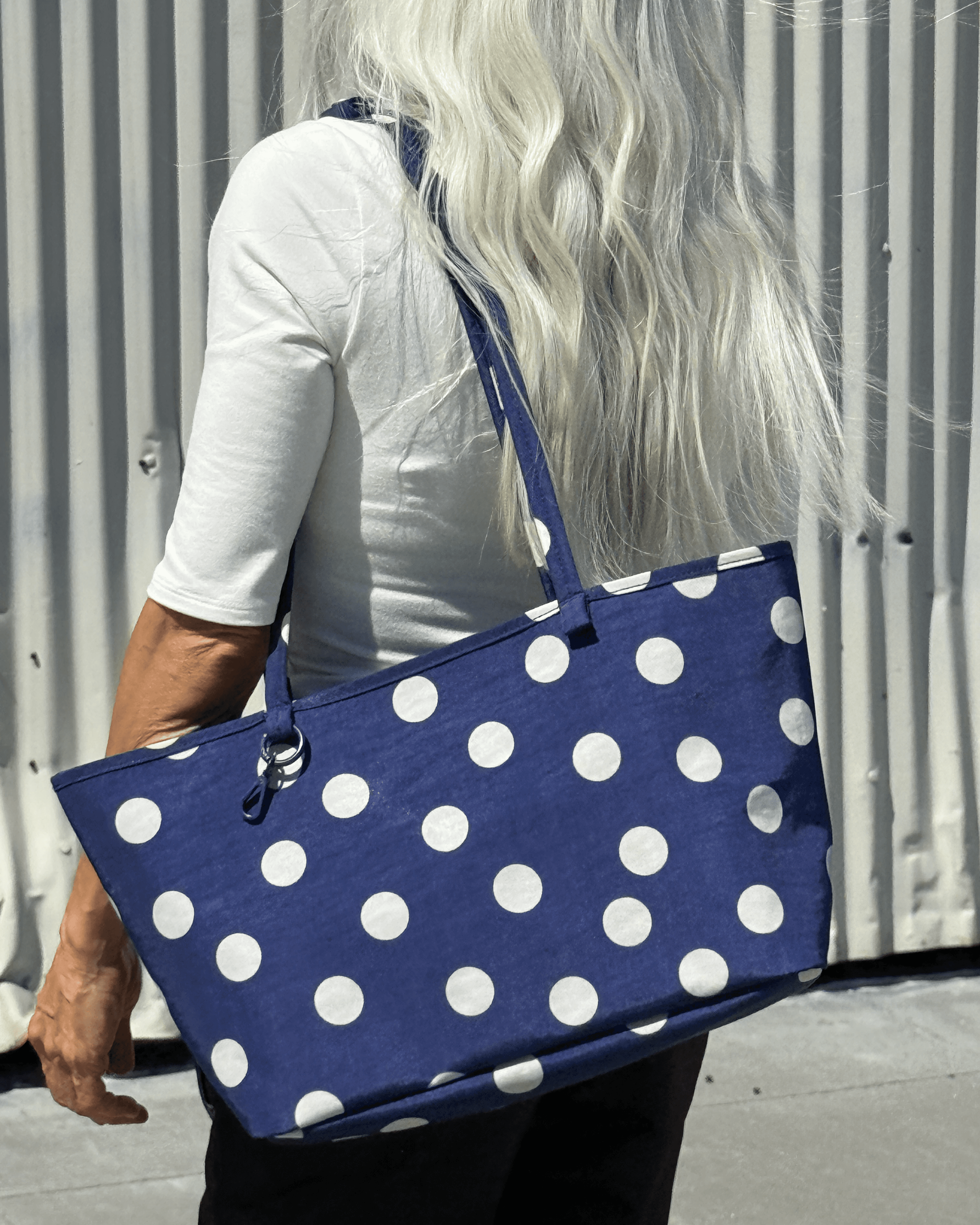 Medium Nylon Reversible Tote in Navy Polka Dot Mix