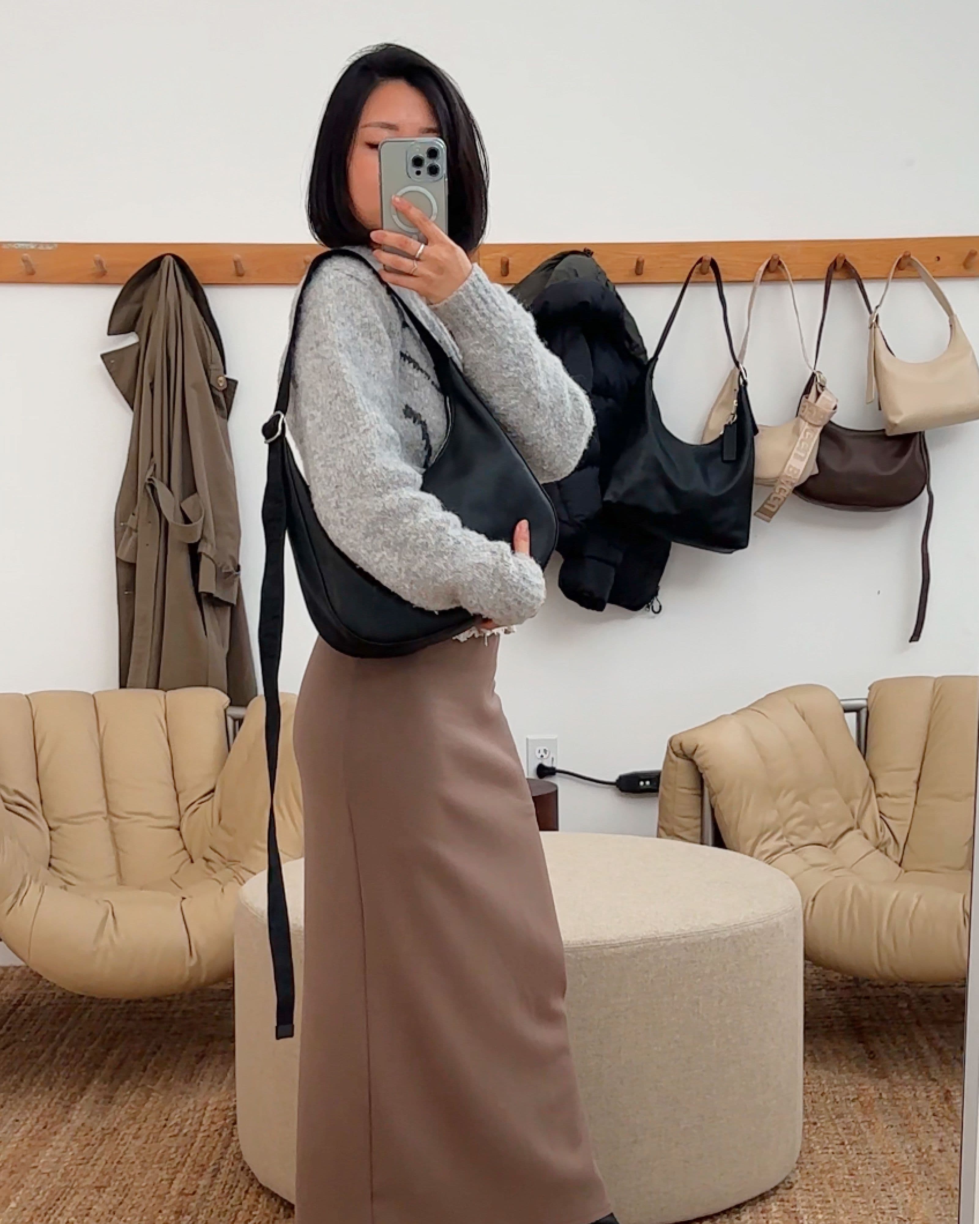 Medium Recycled Leather Crescent Bag in Black