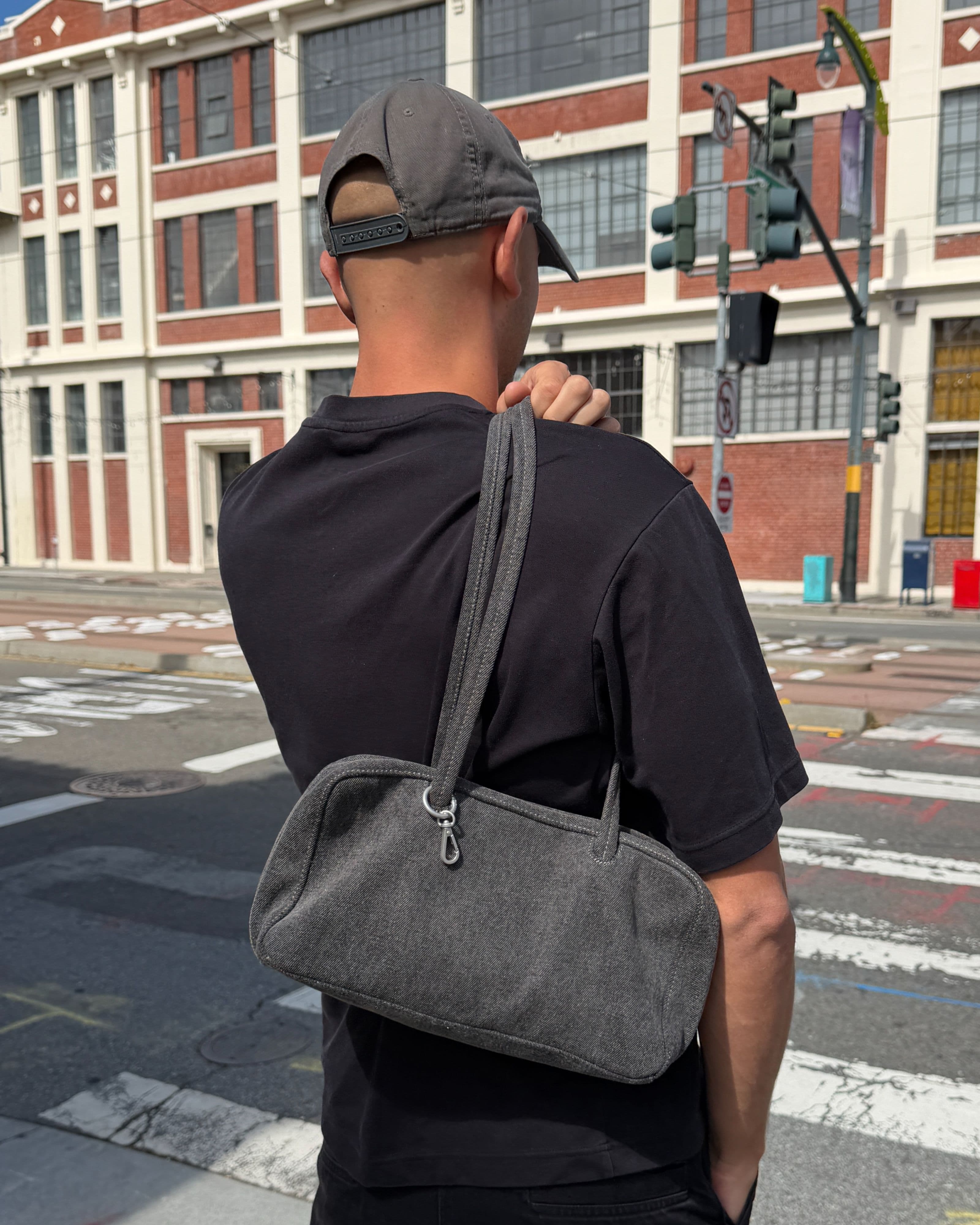 Denim Bowler Bag in Washed Black Denim