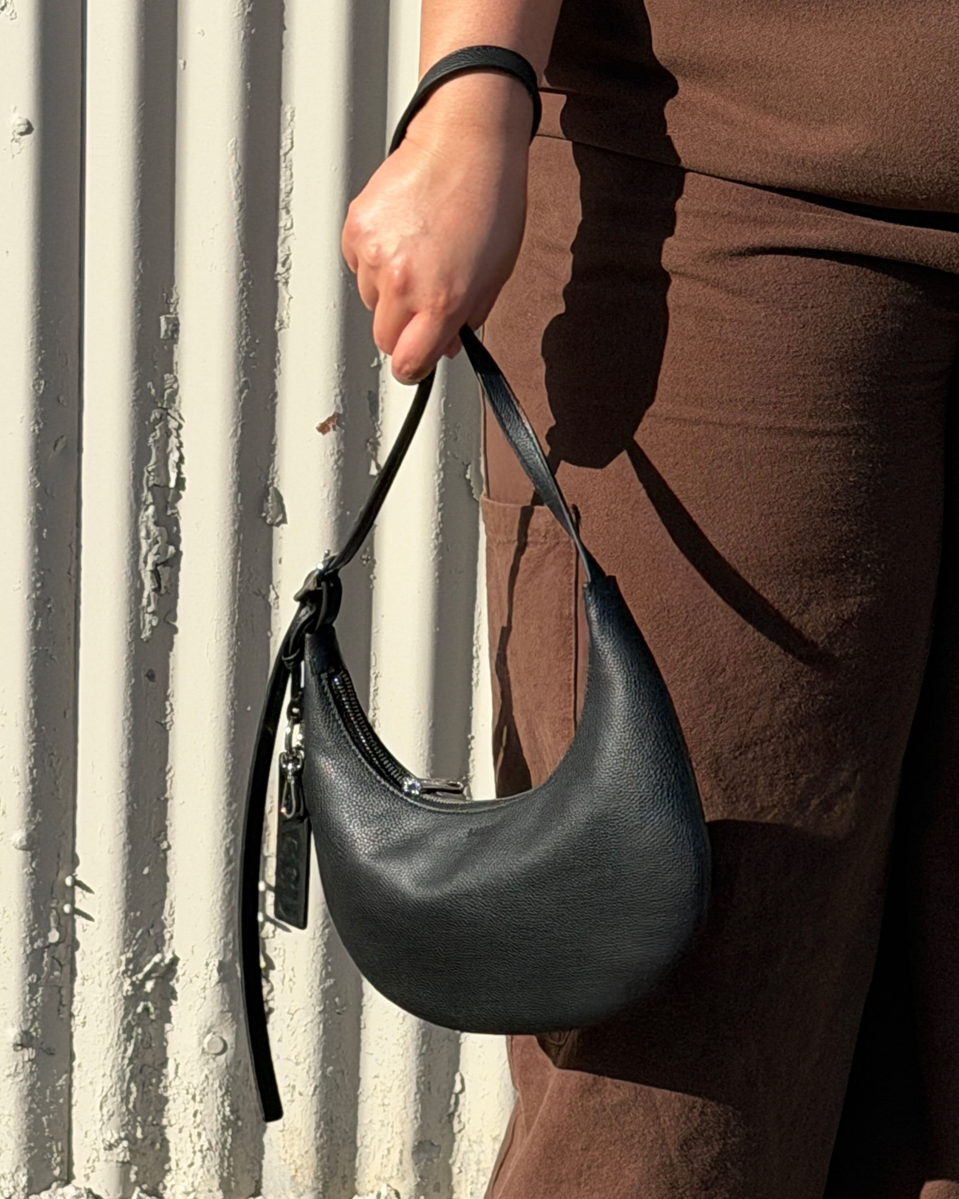 Small Recycled Leather Flat Crescent in Black