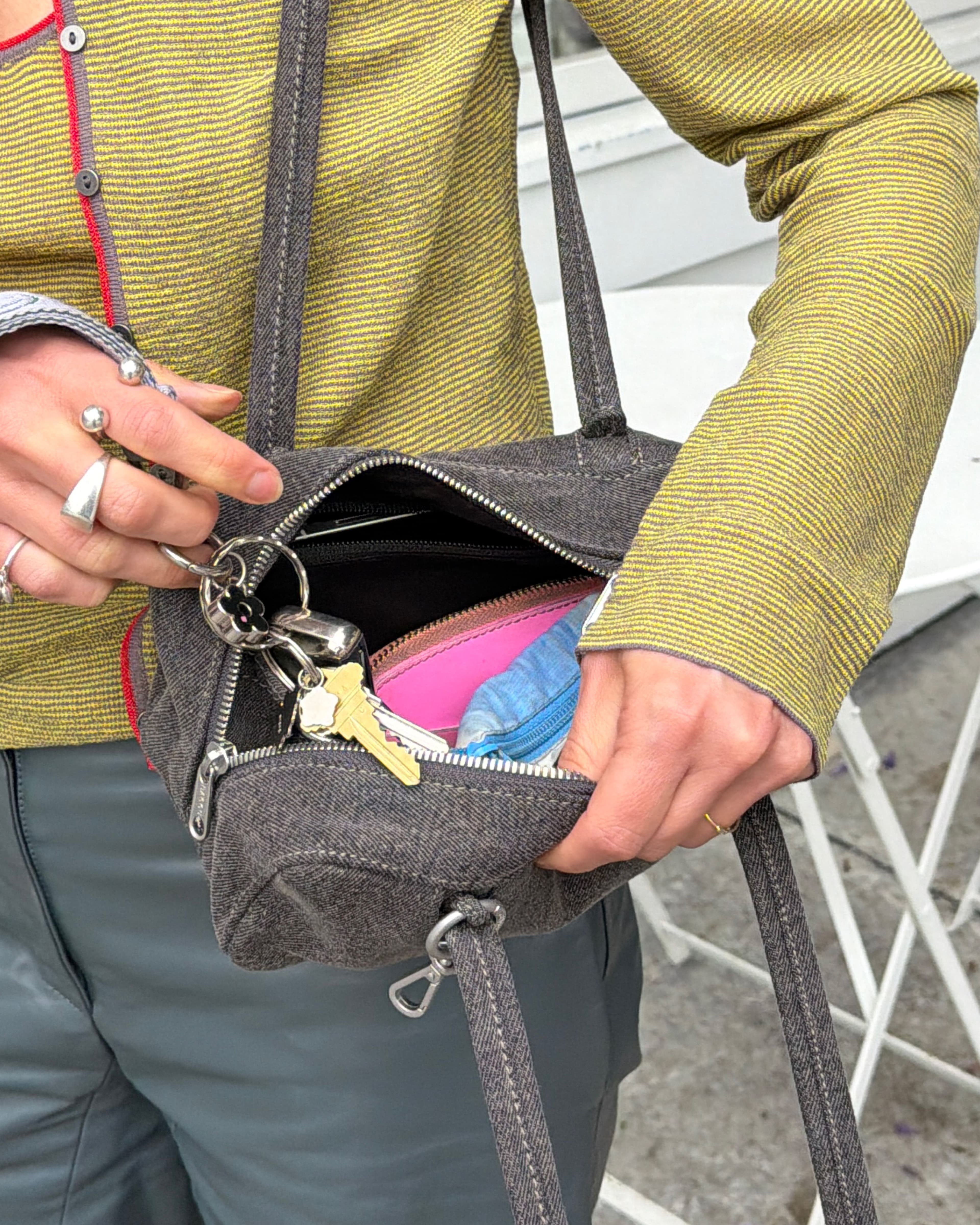 Small Denim Bowler Bag in Washed Black Denim