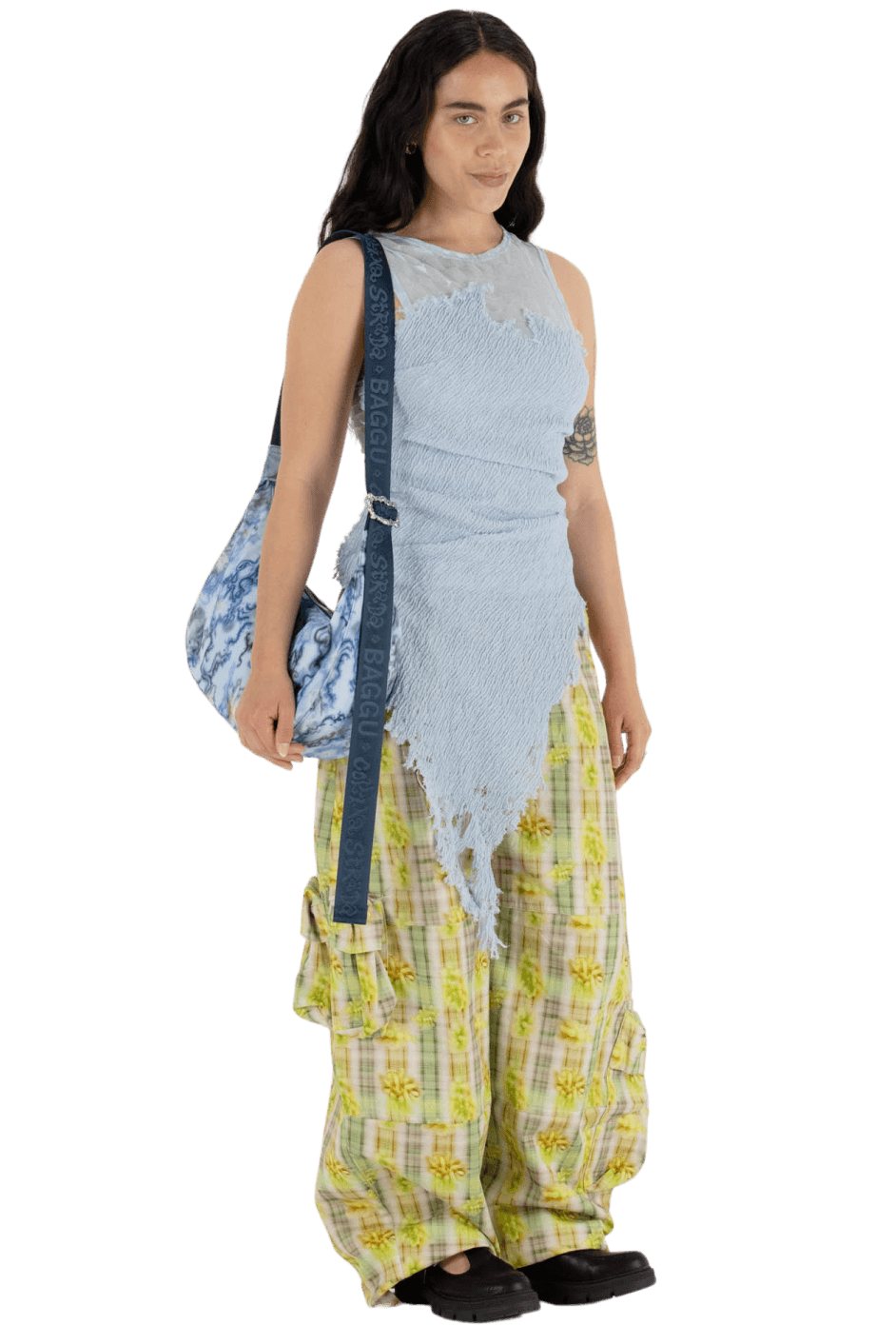Model wearing Baggu Medium Nylon Crescent Bag in Blue Thorn