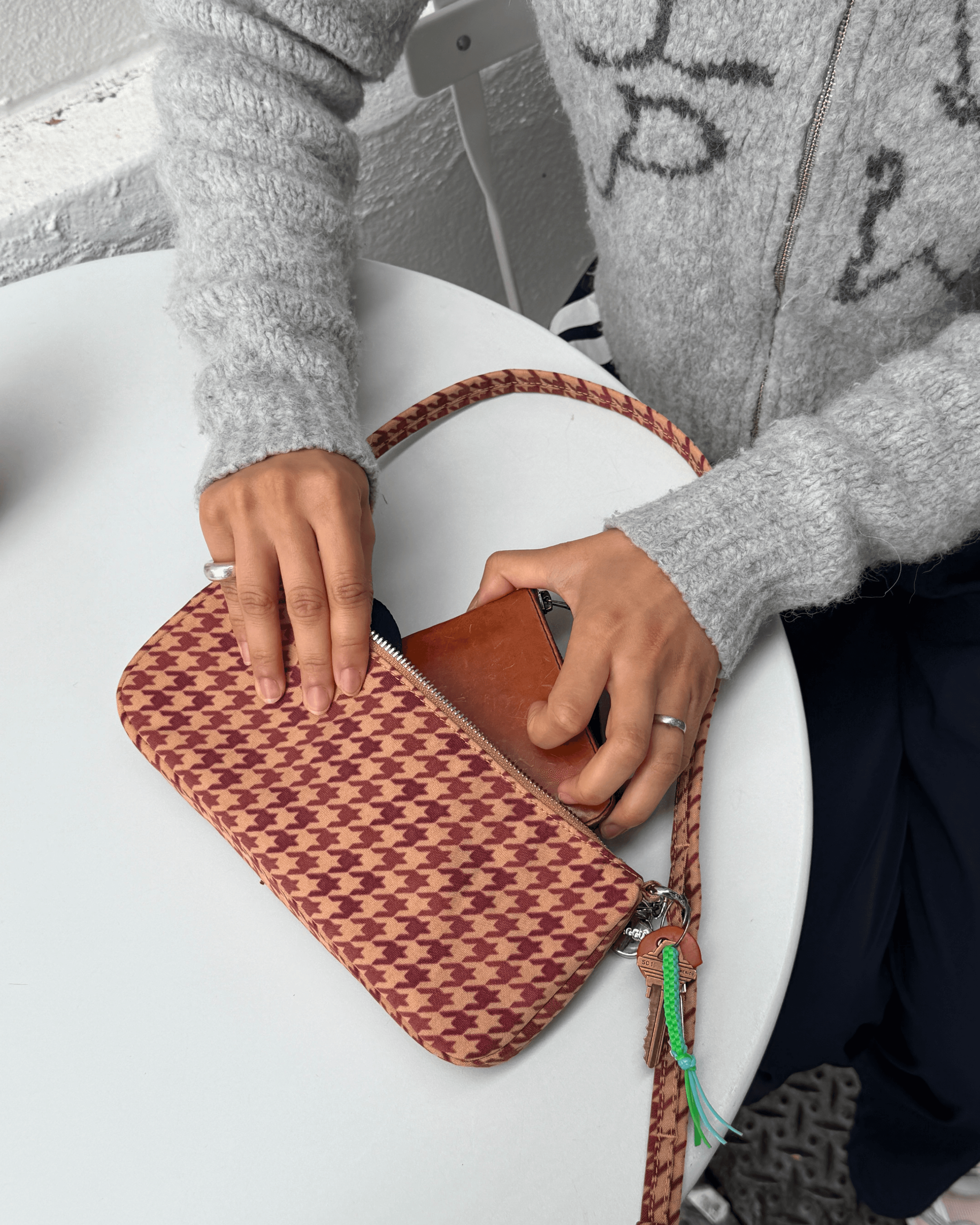 Nylon Pochette in Tan Houndstooth