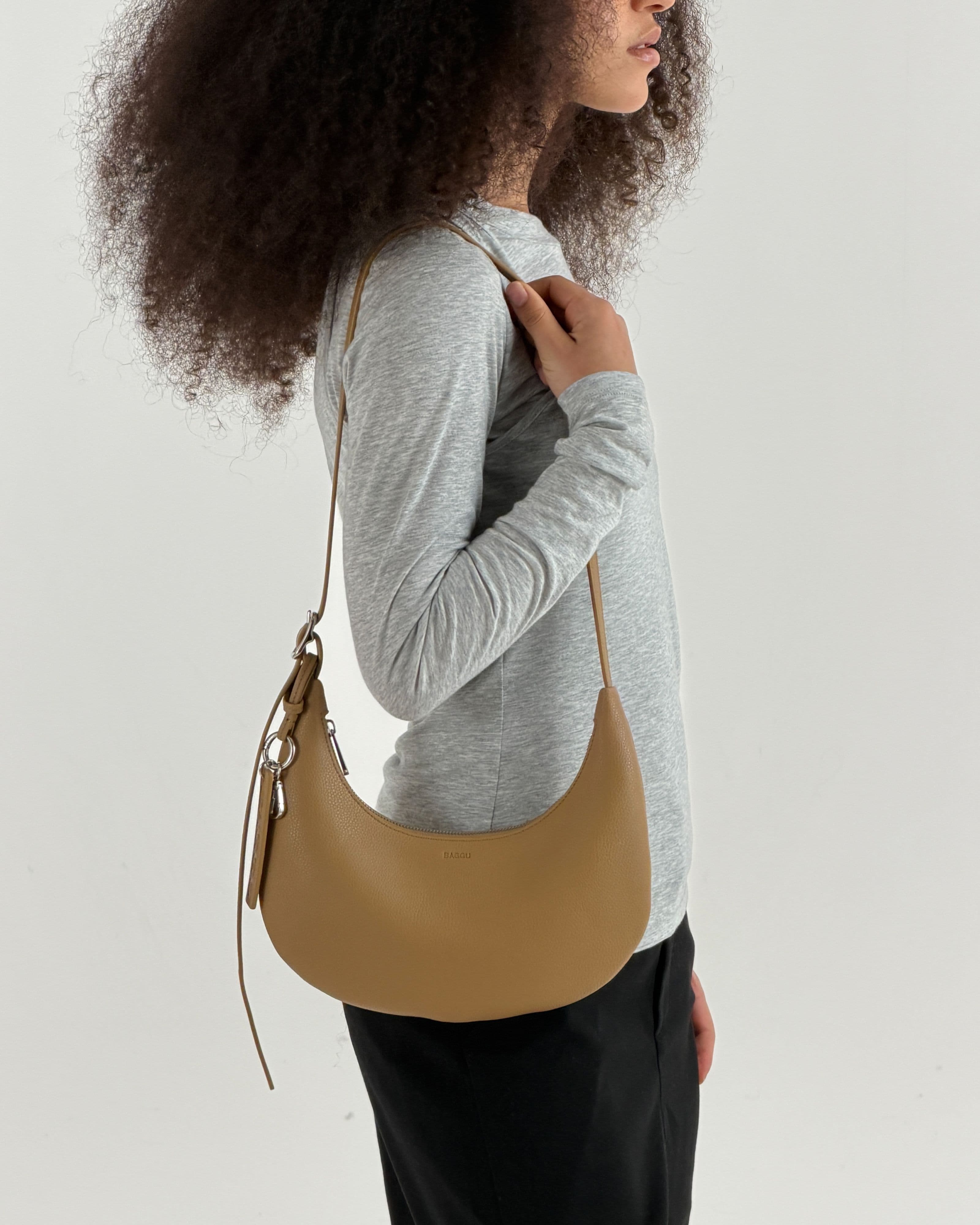 Small Recycled Leather Flat Crescent in Dune